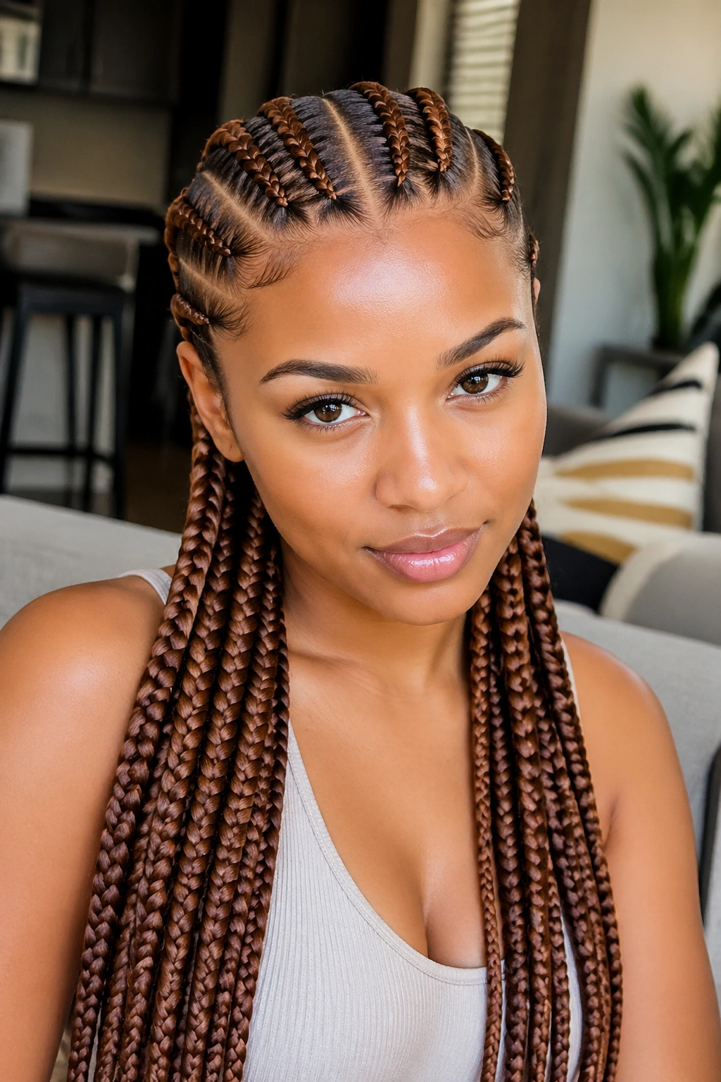 Real person with center-part stitch cornrows and brown extensions, symmetrical front portrait