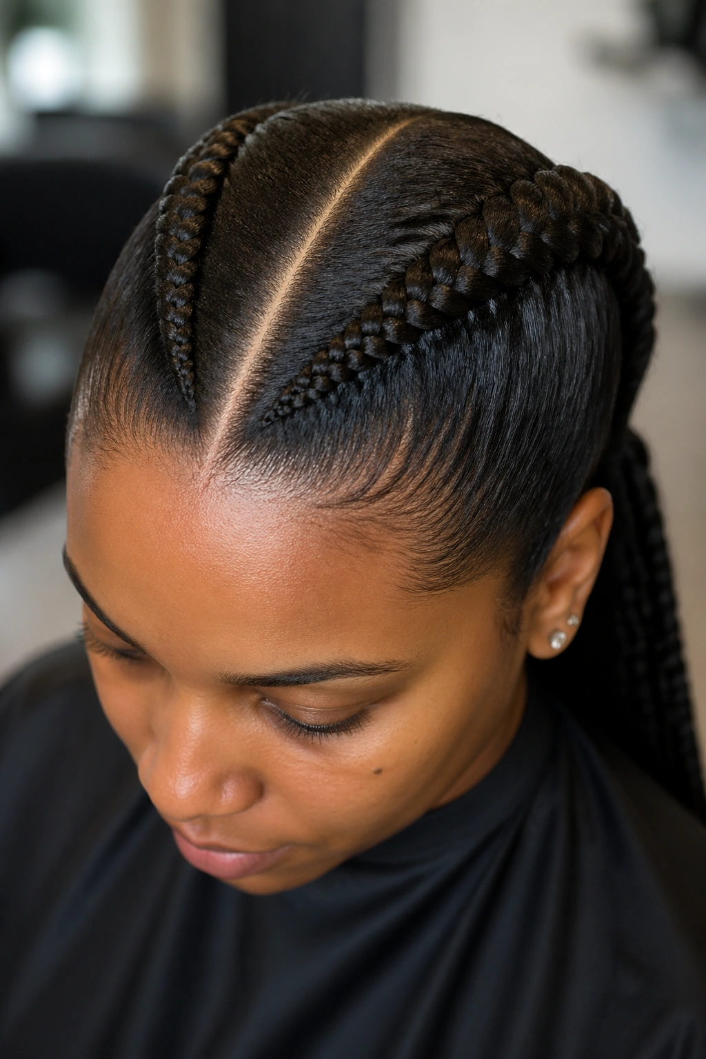 Real woman with a crisp straight center part along the scalp