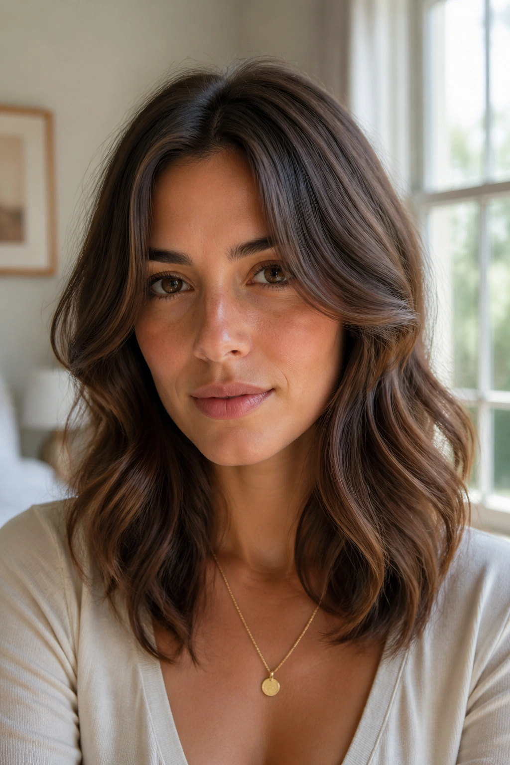 Close-up of a real woman with center-parted curtain waves framing an oval face in warm window light