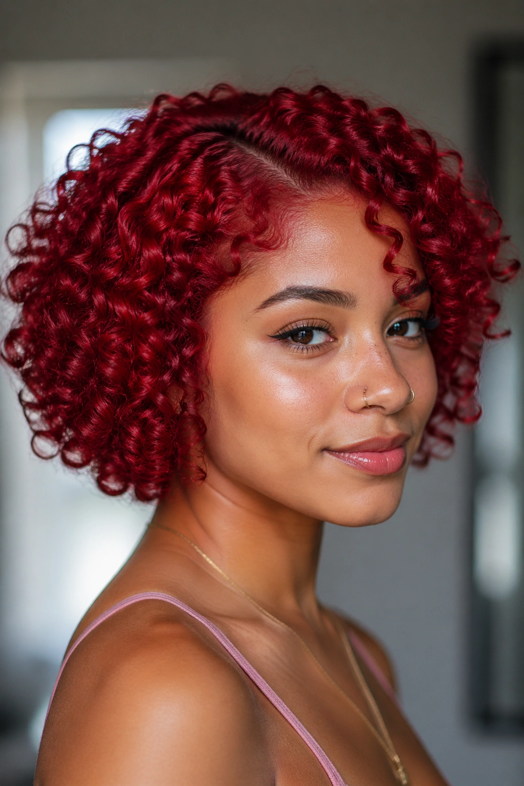 Cherry bomb red bob on a real person, close-up portrait