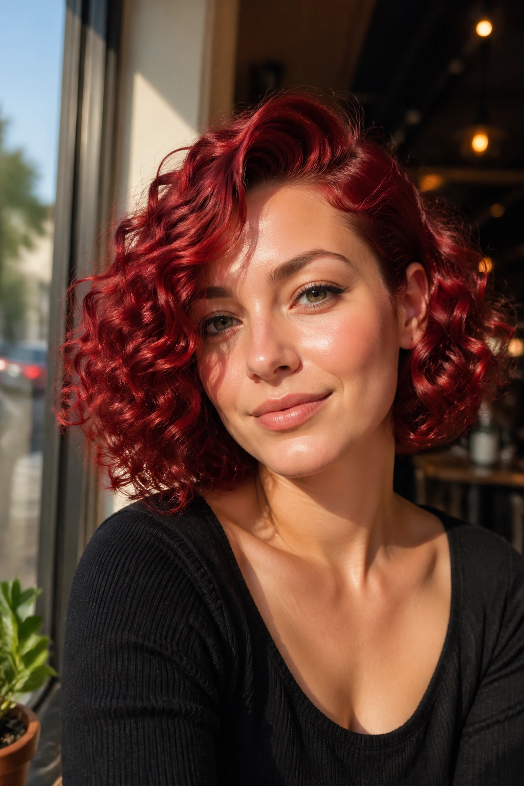 Close-up portrait of a real woman with cherry red curly bob and a side part