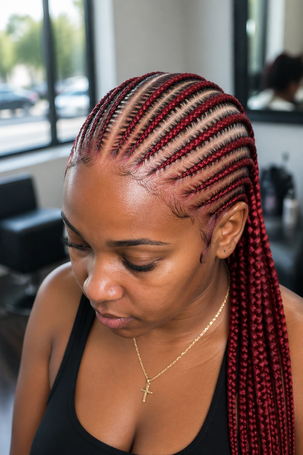 Close-up of a real person with twelve cherry red stitch cornrows center-parted
