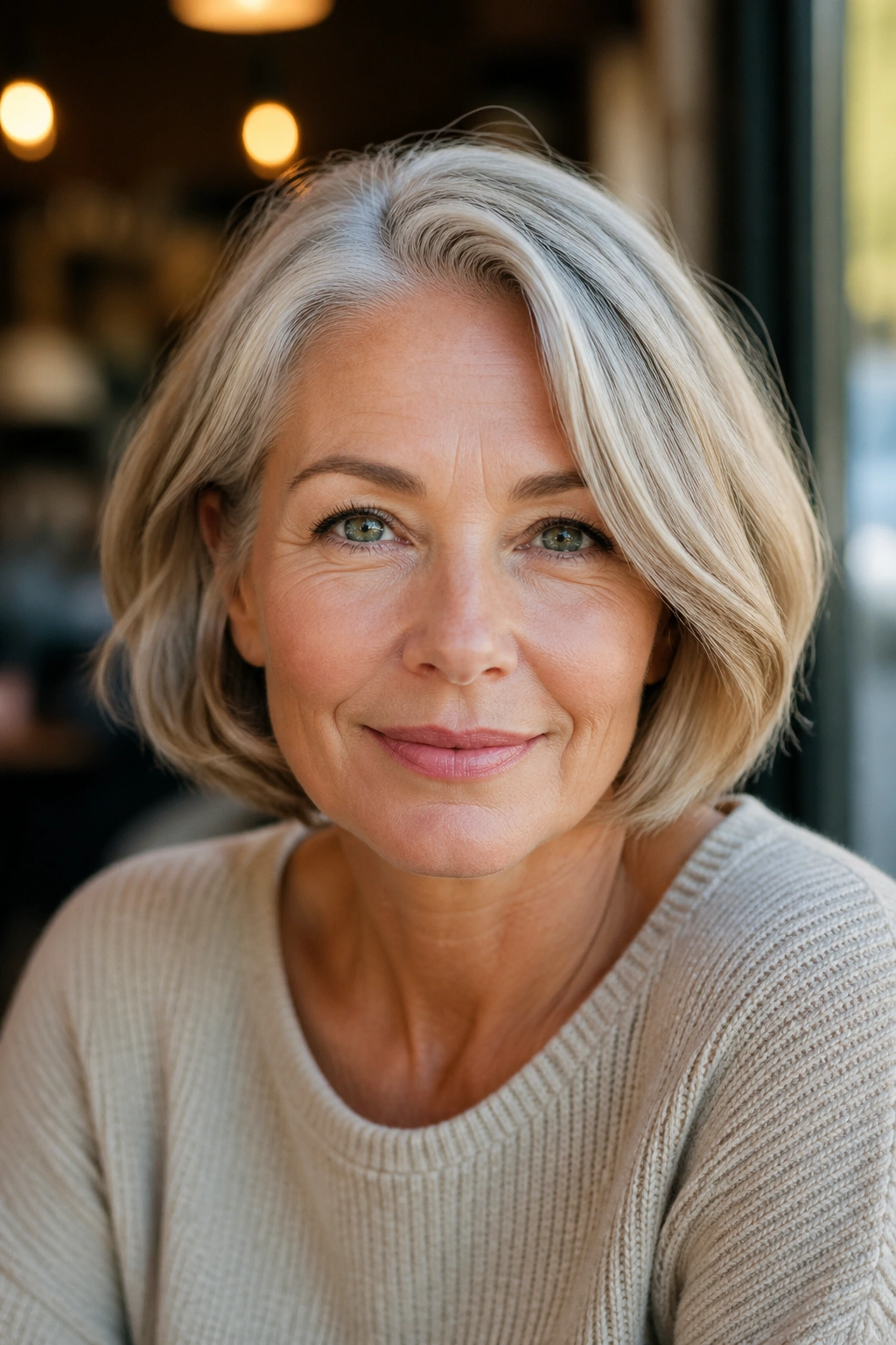 Close-up of a real woman with a chin-length side-part bob in sunlit cafe light