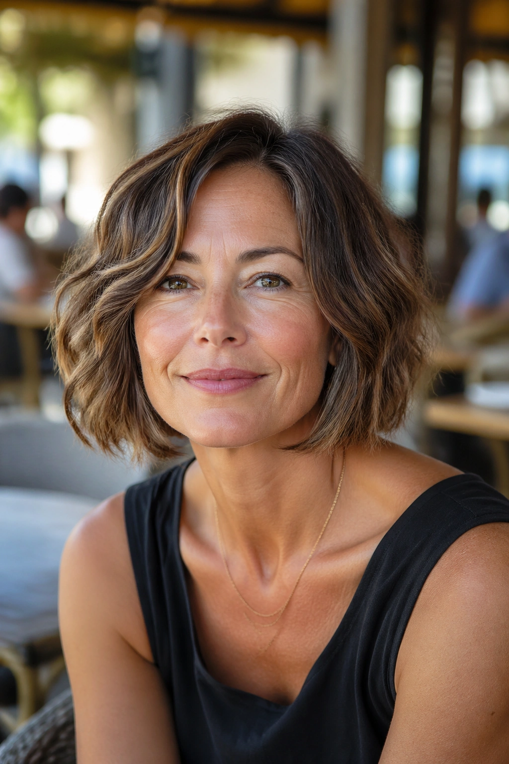 Portrait of a real woman with a chin-length bob and soft texture outdoors at a cafe