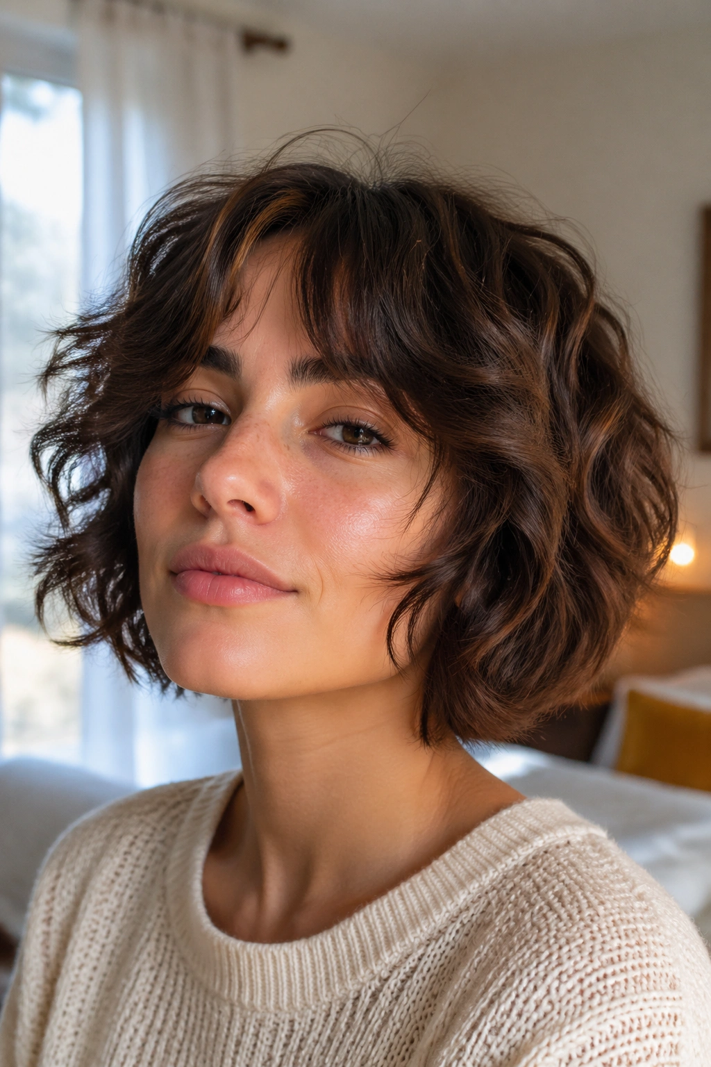 Close-up of a real woman with chin-length wavy shag and cheekbone layers in soft morning light