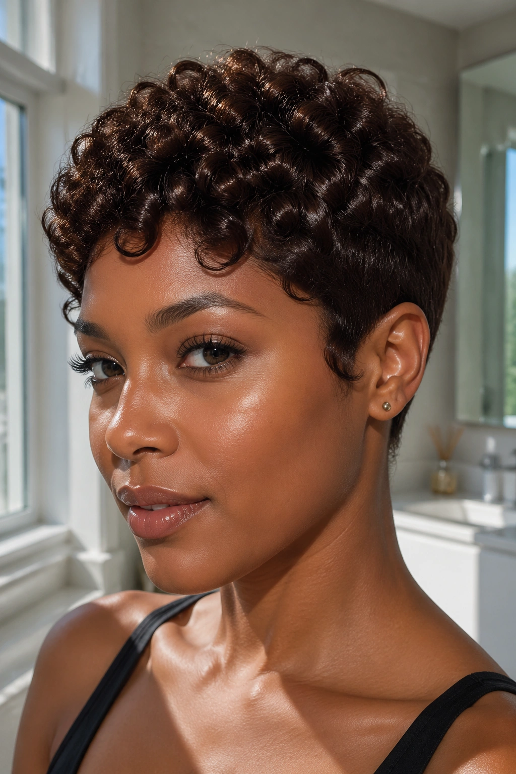 Close-up of a real woman with chocolate brown glossy short curls