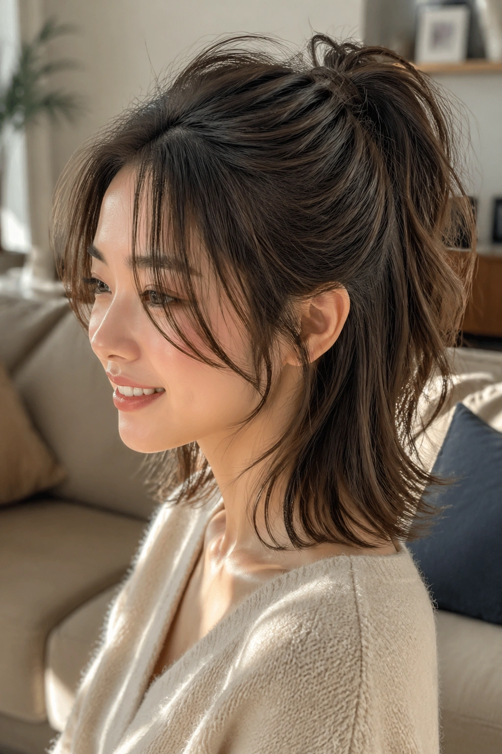 Real woman with a choppy layered half ponytail in a cozy living room