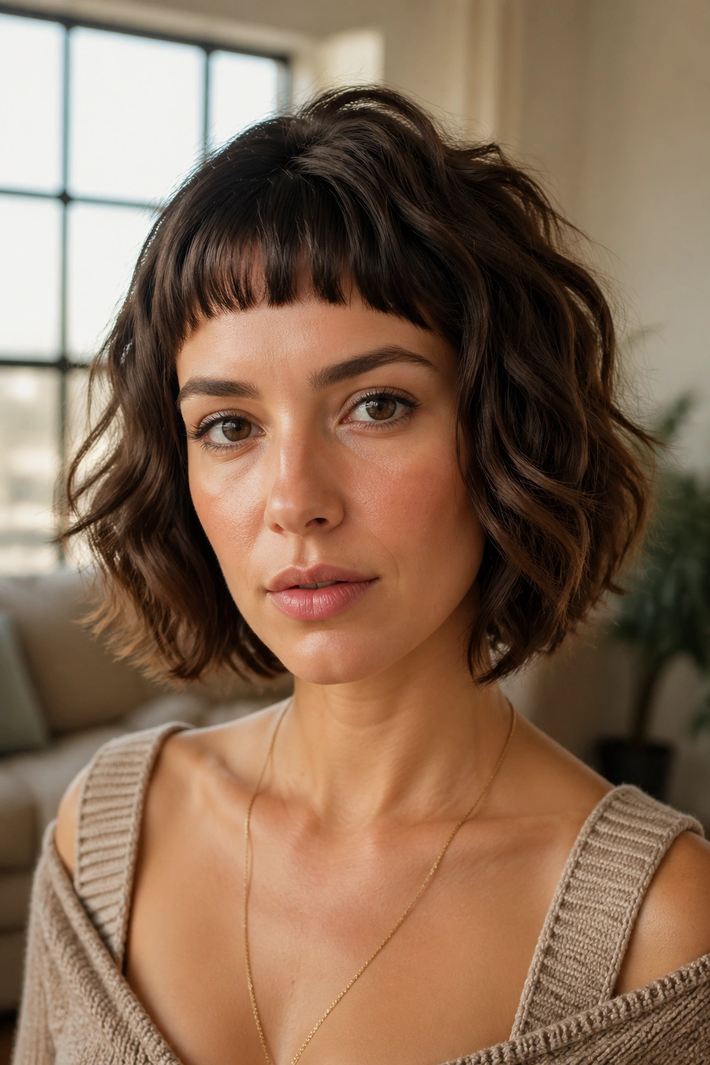 Close-up of real person with choppy shag and blunt micro fringe, bold texture.