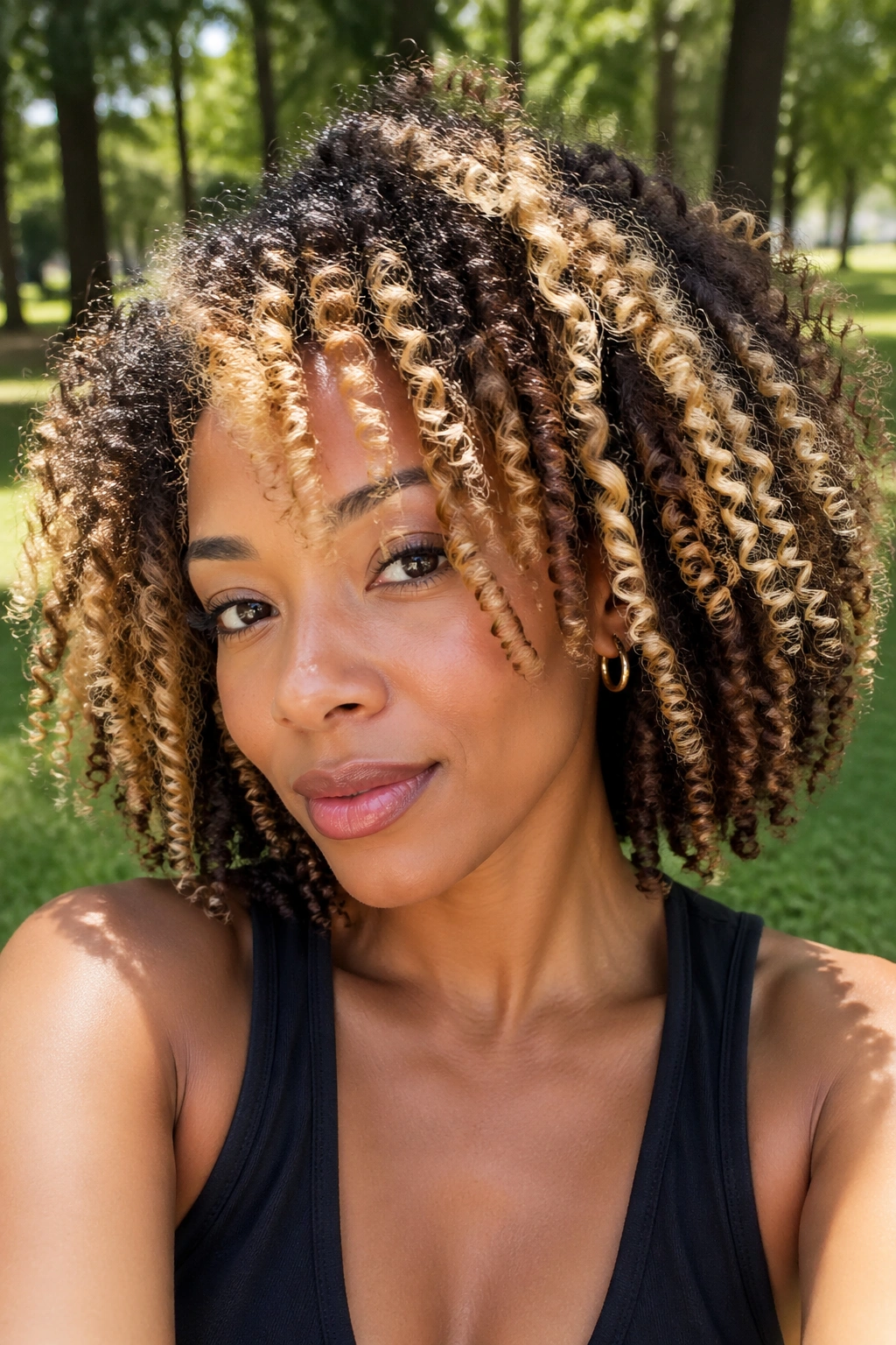 Real person with chunky blonde highlights in natural curls outdoors