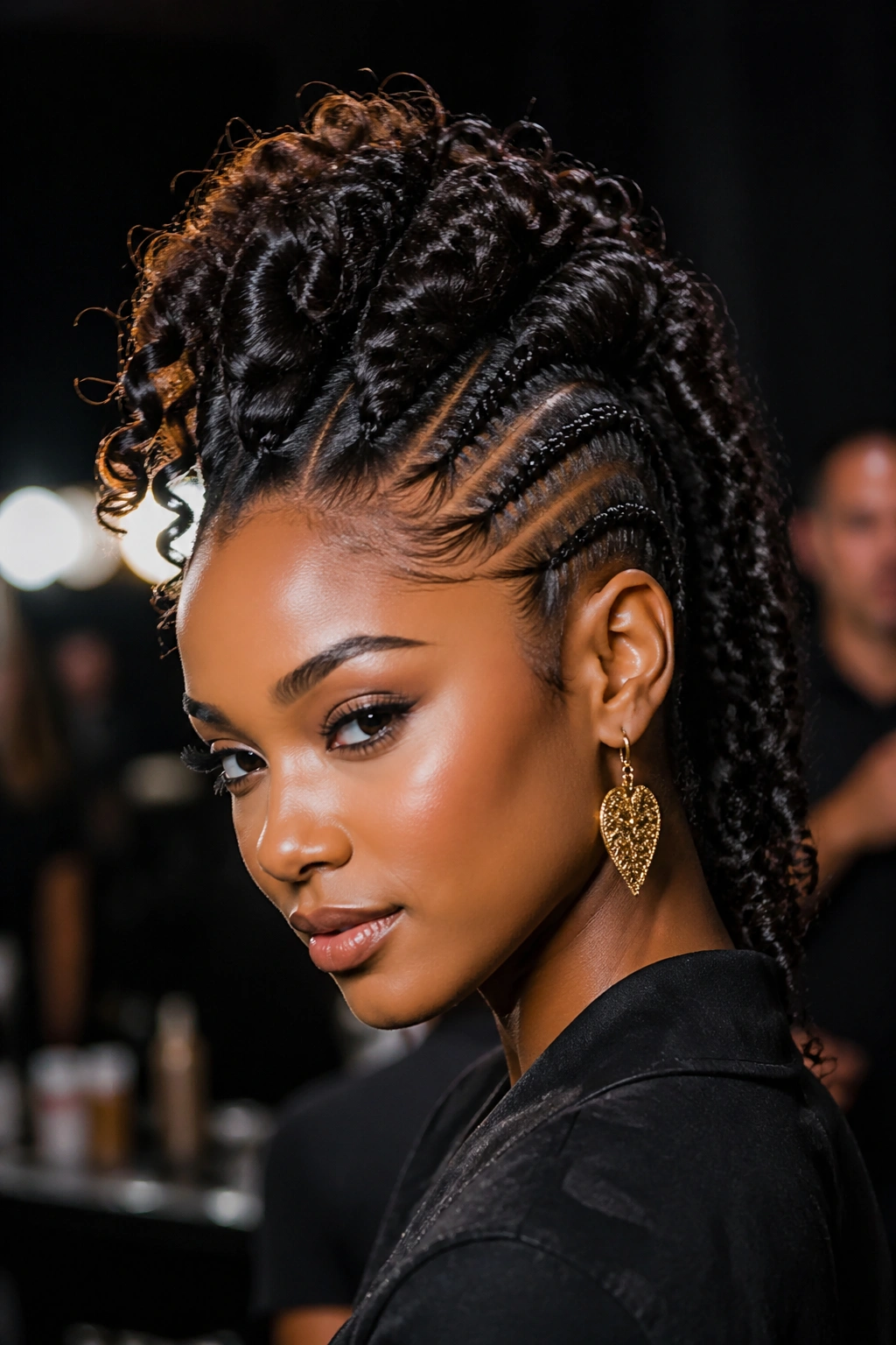 Real woman with chunky cornrows forming a faux hawk plume and slim side braids.