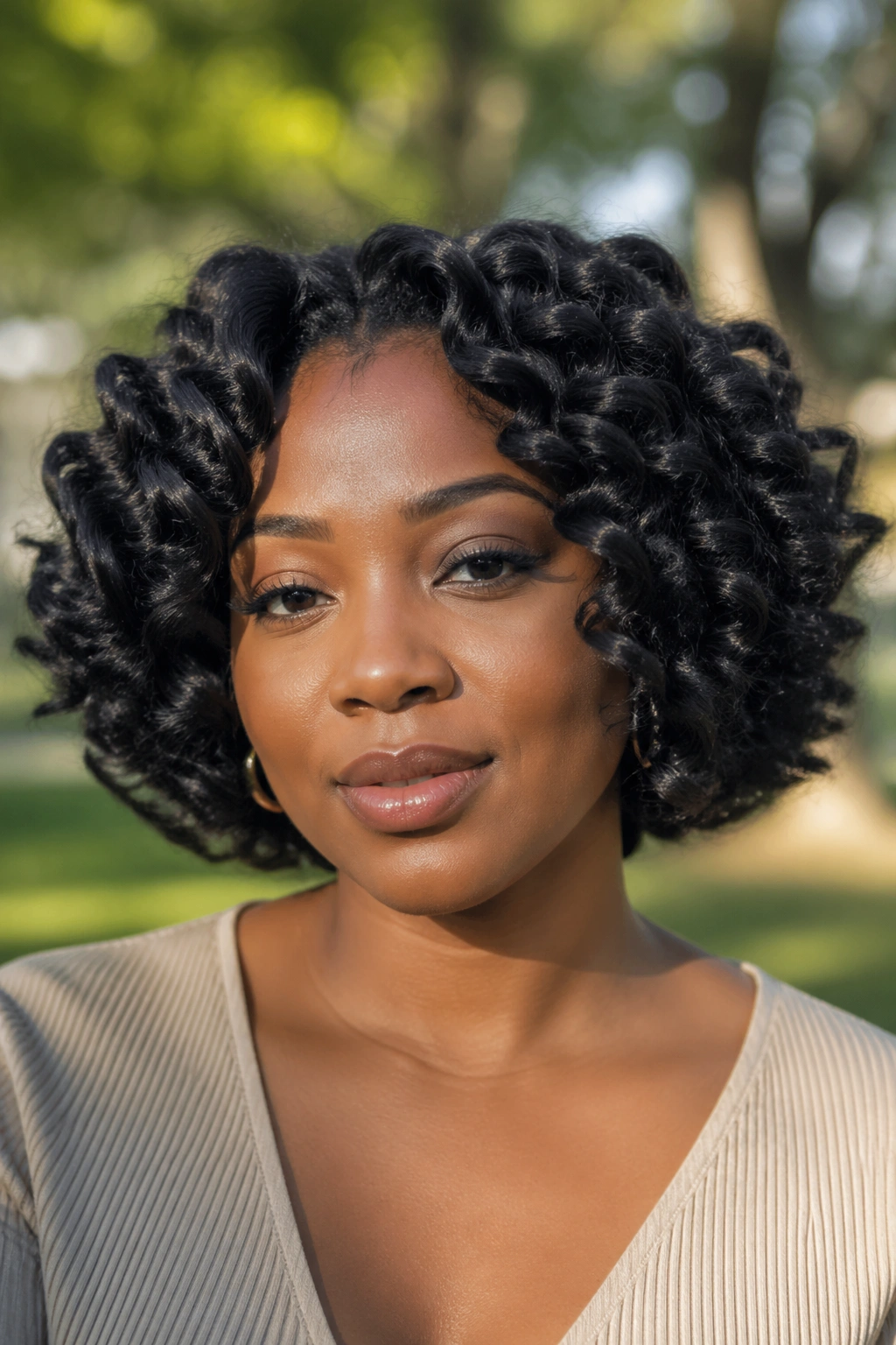 Portrait of a real woman with chunky curl bob in a sunny park