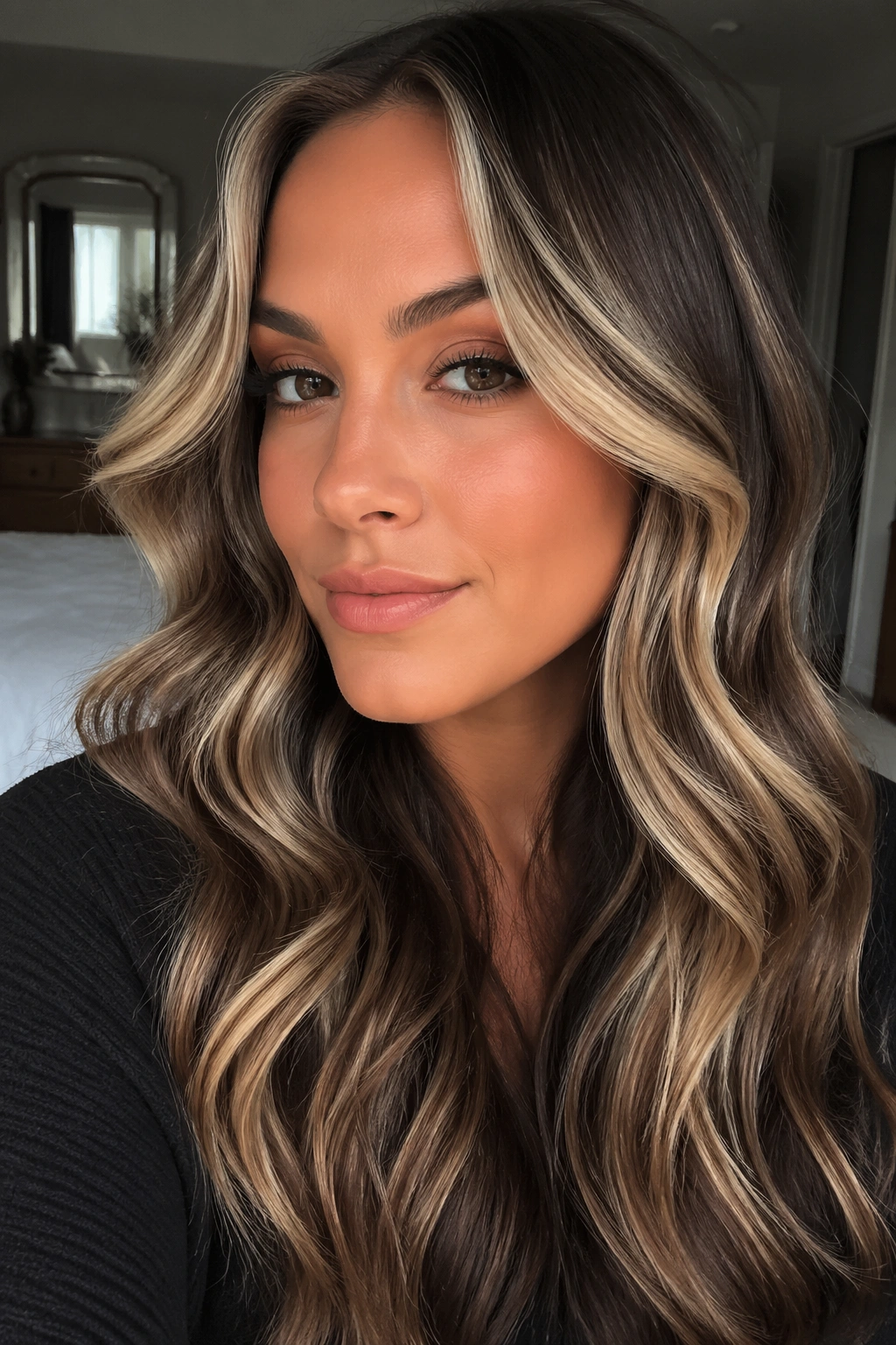 Close-up portrait of a woman with bold chunky highlight waves framing her cheeks