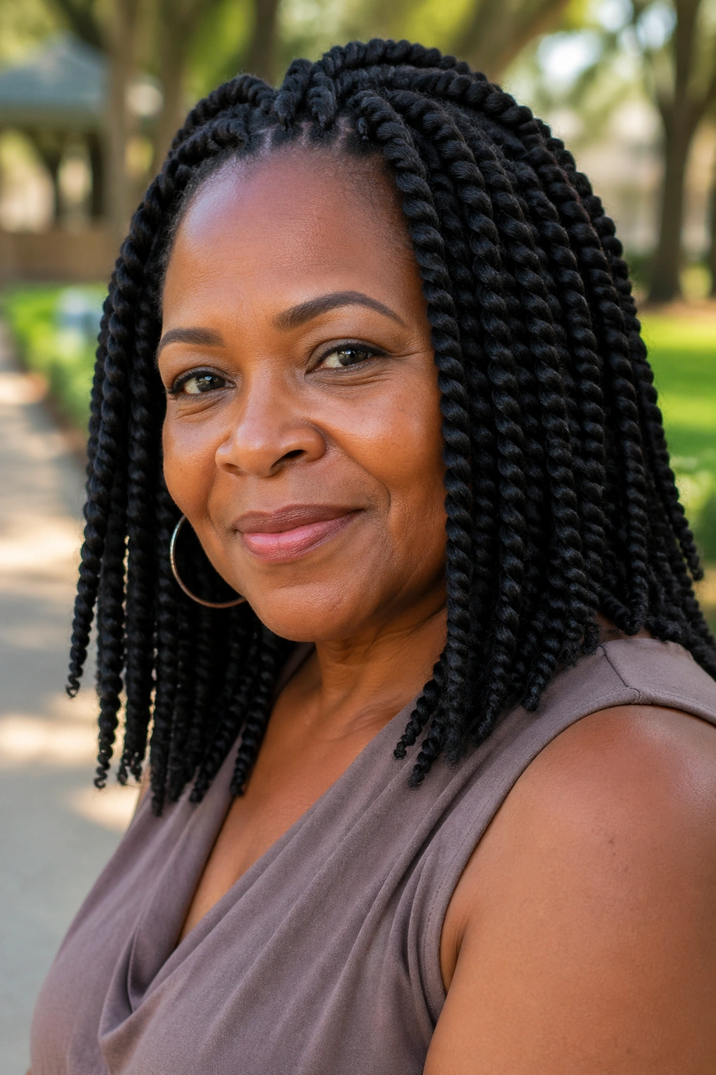 Portrait of a real woman with chunky medium-length Senegalese twists