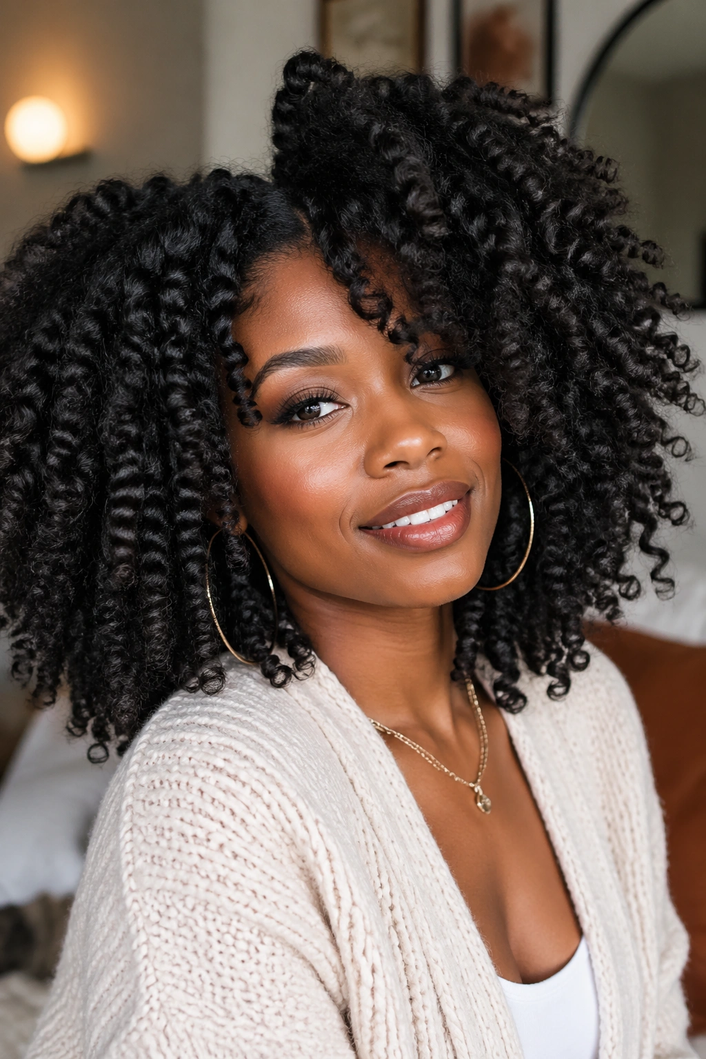 Real person showing a chunky twist-out hairstyle with large separated curls