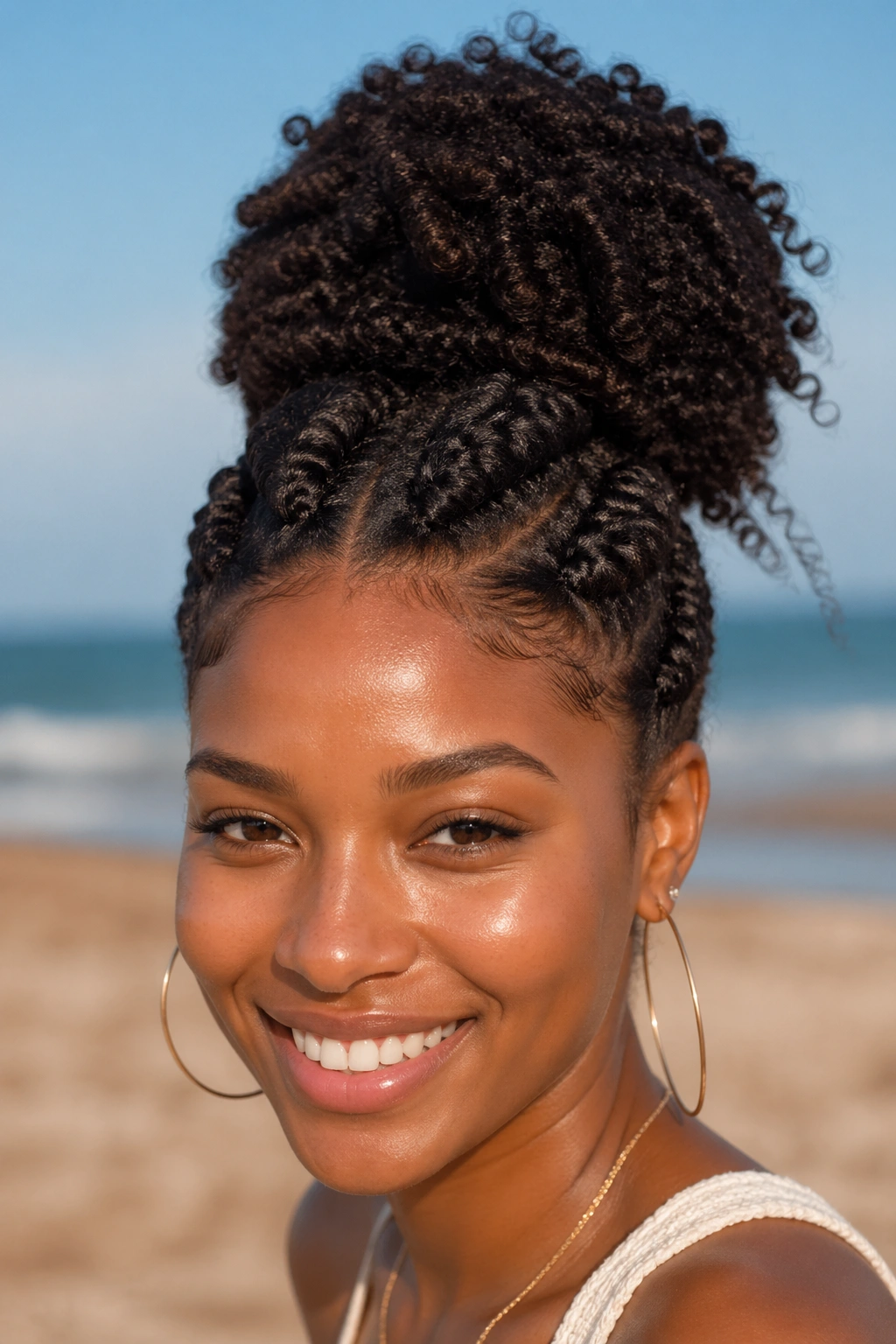 Close-up of a real woman with chunky twist puff at the beach