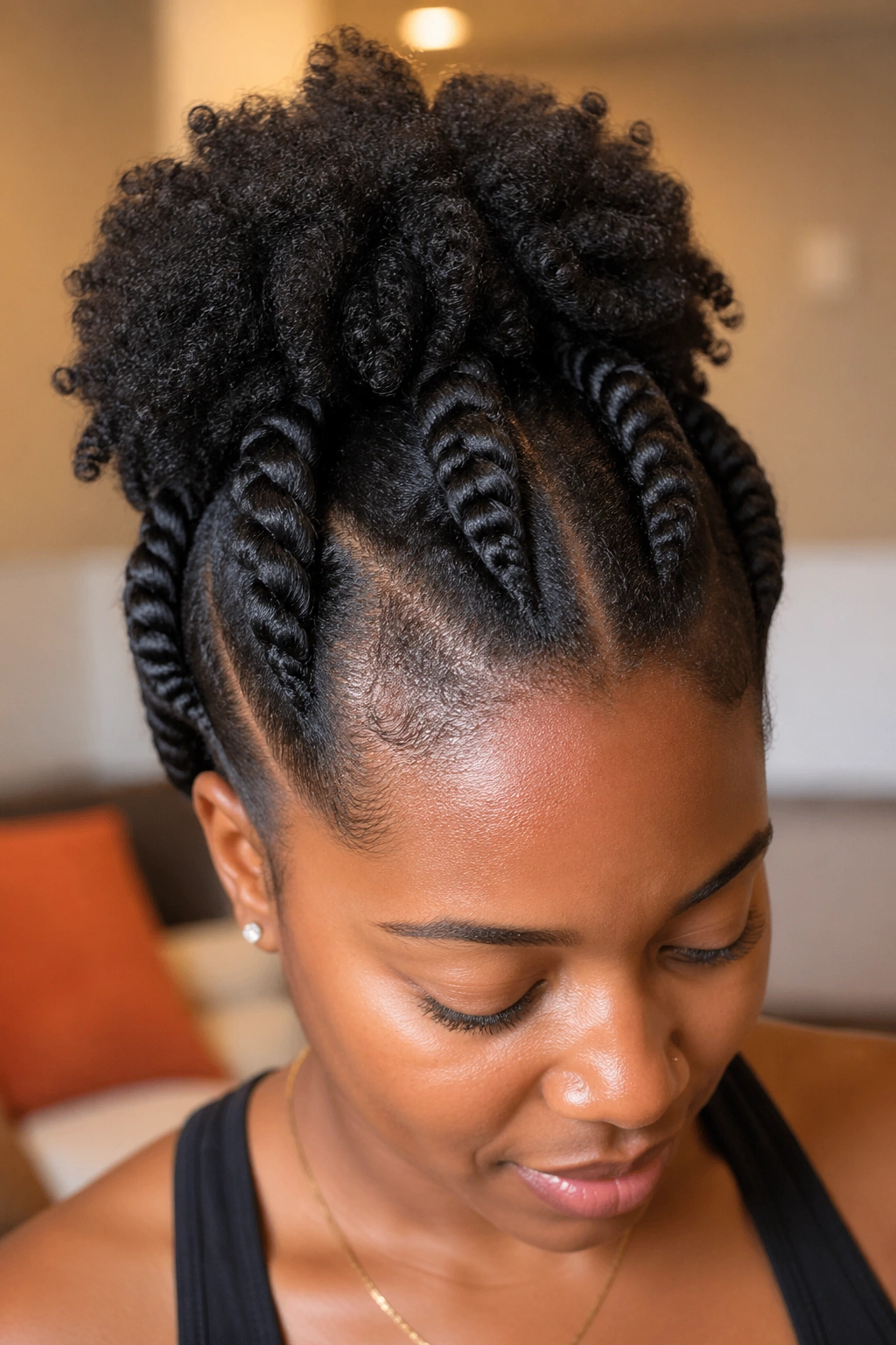 Close-up of a real woman with chunky twists and a central puff
