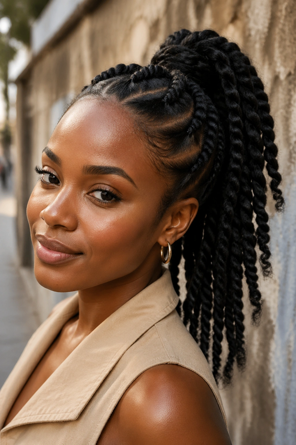 Portrait of a woman with a chunky two-strand twist ponytail