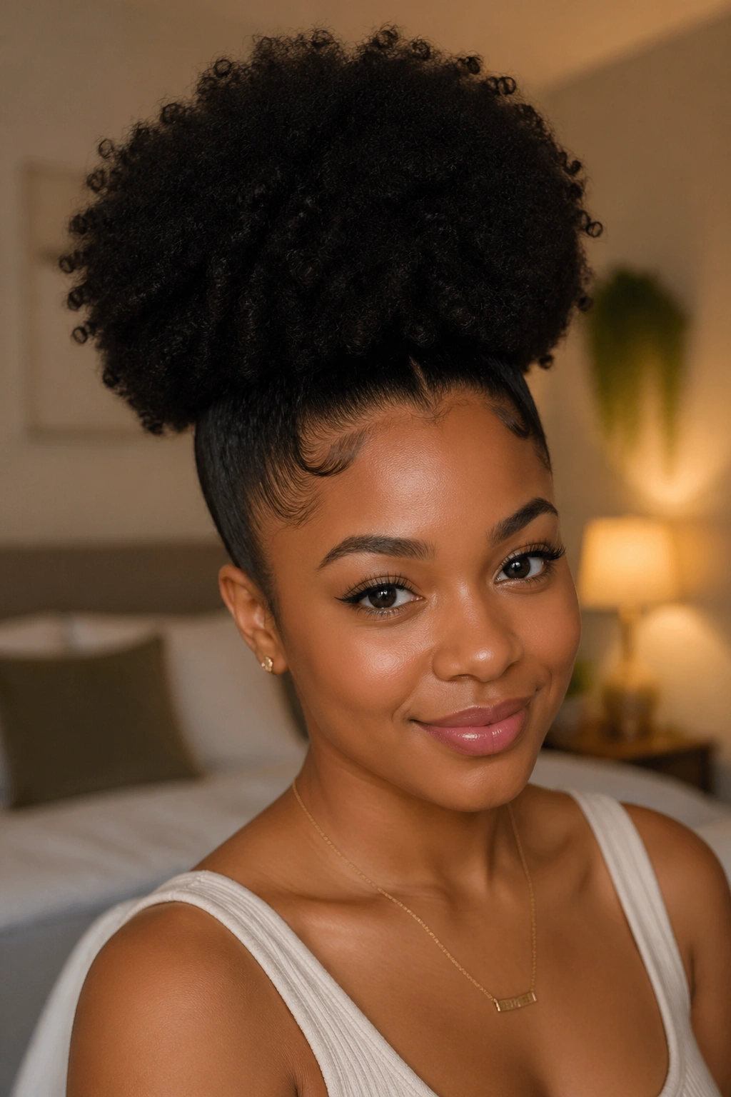 Portrait of a woman with a classic high afro puff