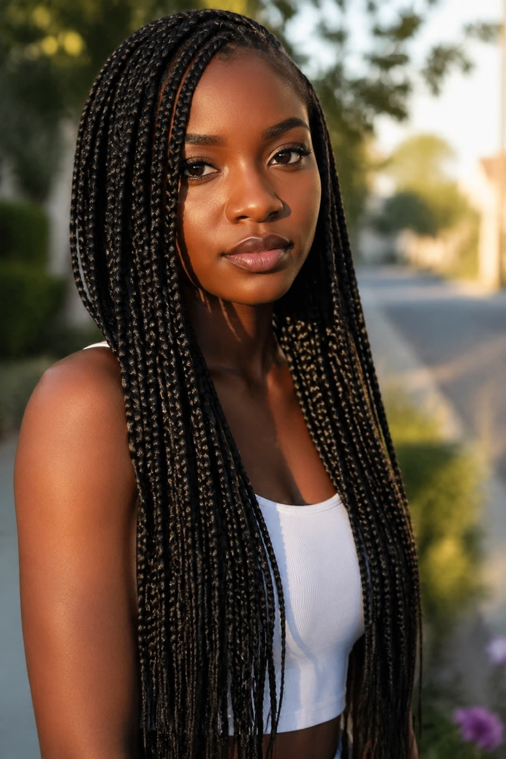 Real person with hip-length box braids outdoors at golden hour