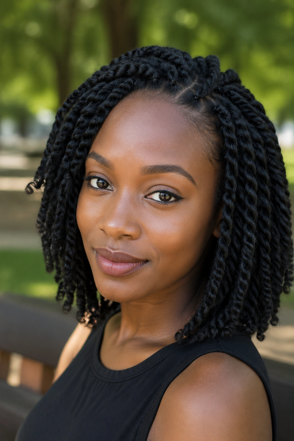 Real person wearing classic two-strand Marley twists