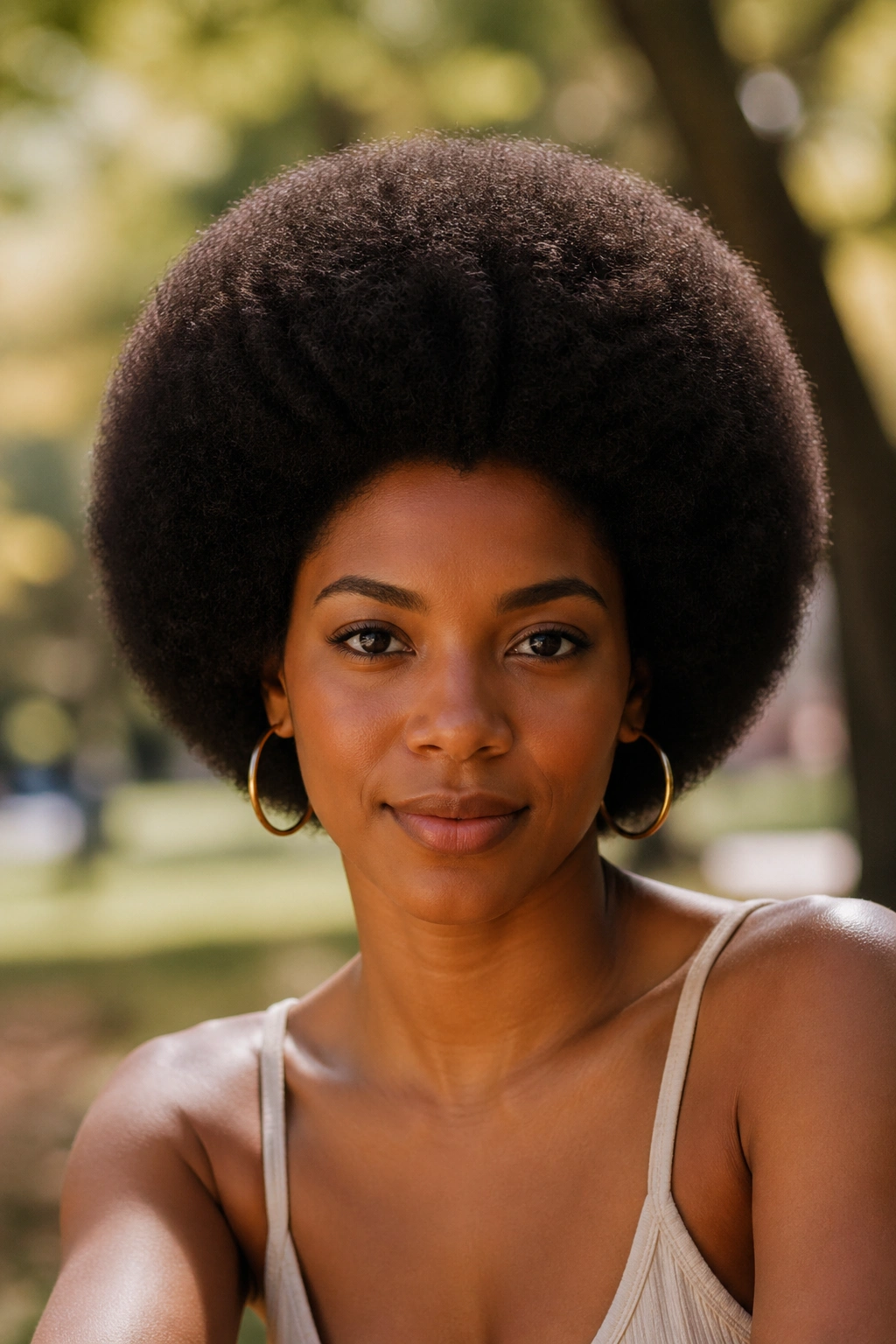 Close-up portrait of a person with a perfectly round round afro