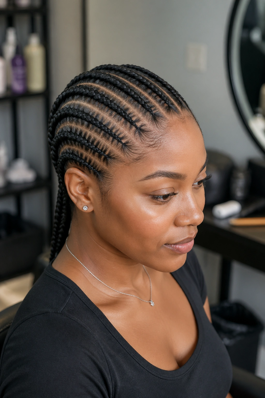 Portrait of a real woman with classic straight-back stitch cornrows