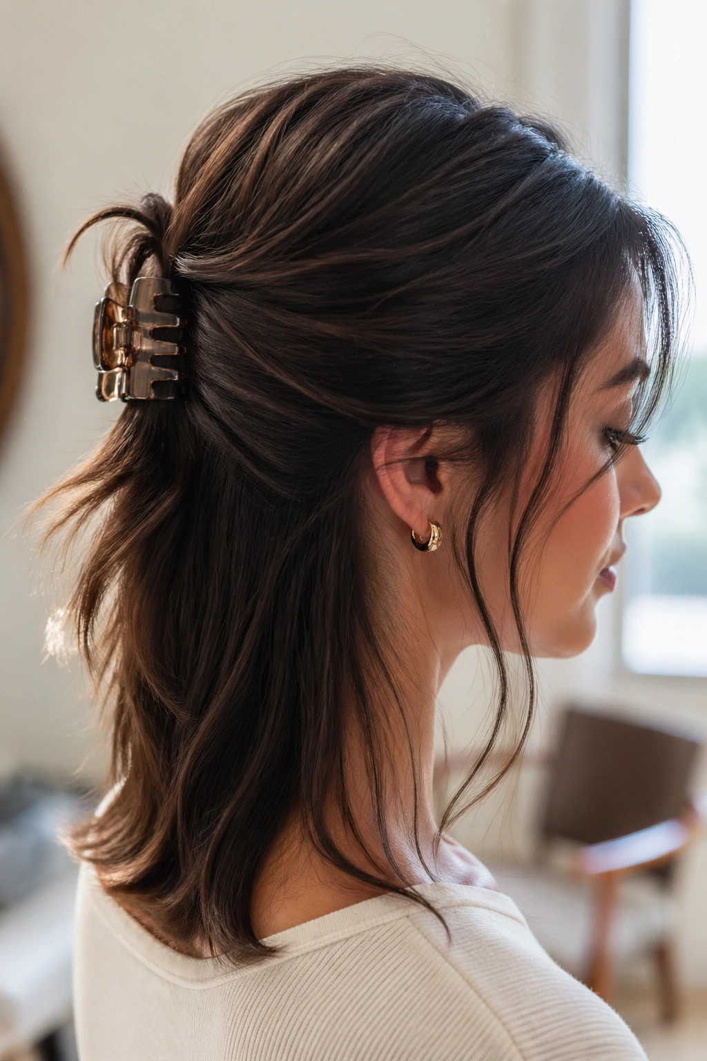 Close-up of a real woman with Claw-Clip Half Ponytail Twist secured by a claw clip at the back.
