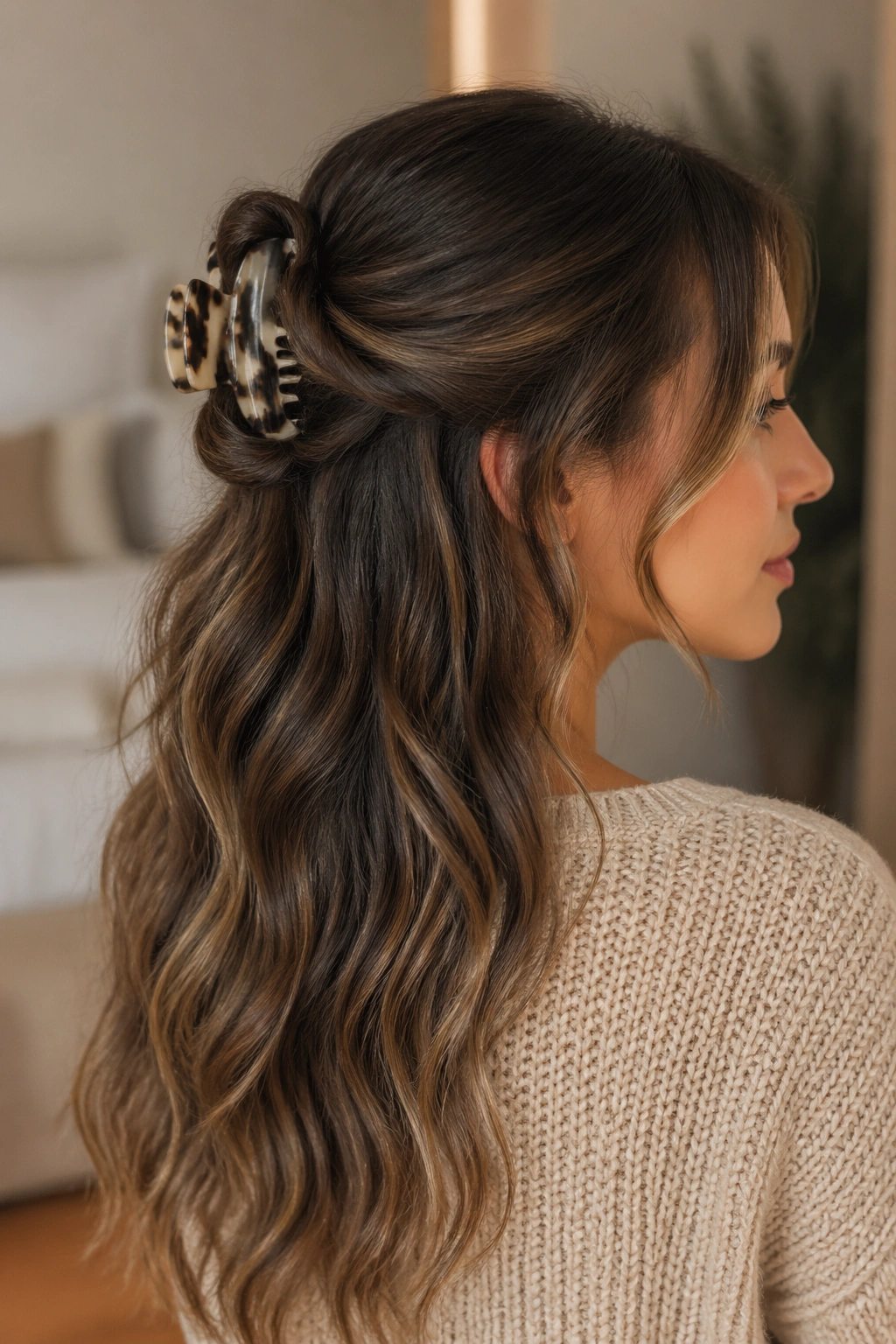 Close-up of a real woman with a mid-level claw-clip twist and loose waves