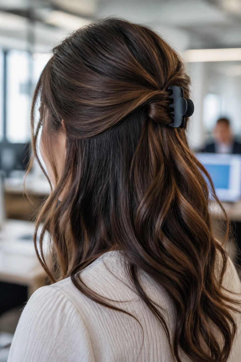Real woman with a minimal claw-clip twist and soft waves in an office