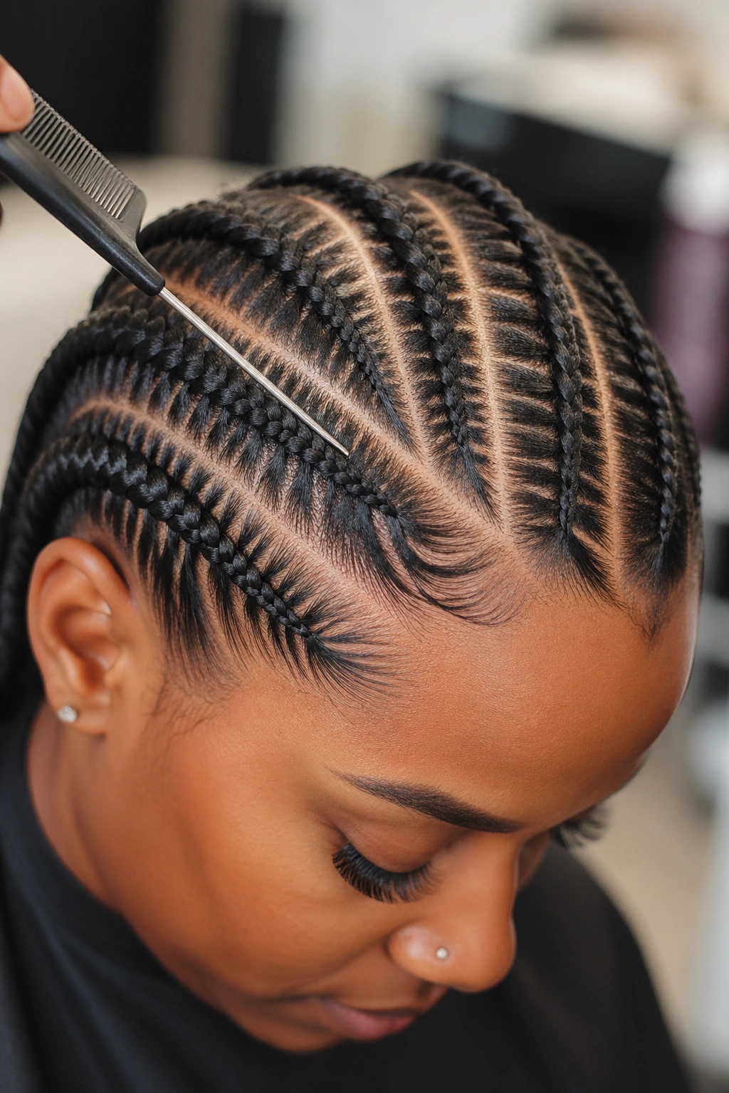 Real person's scalp with crisp part lines for feed-in braids