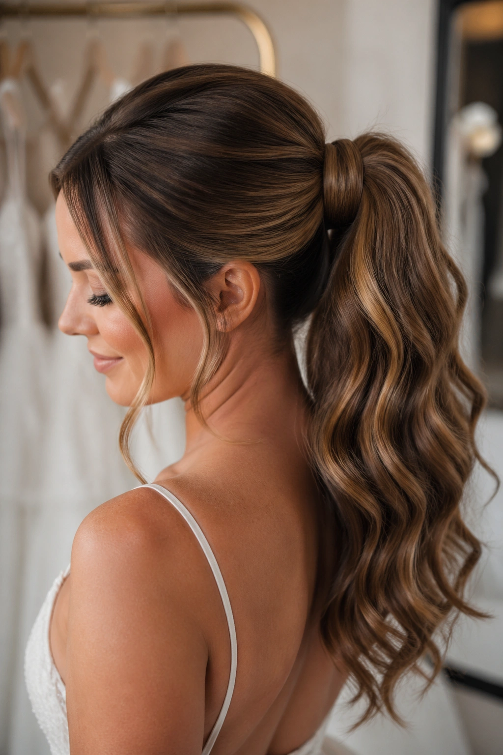 Close-up of full ponytail with clip-in extensions on a real bride