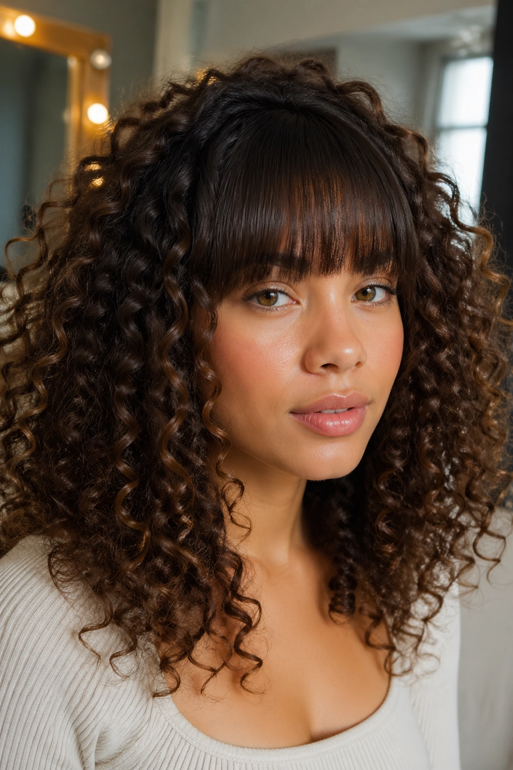 Close-up portrait of a real person with clip-in straight bangs over curly hair