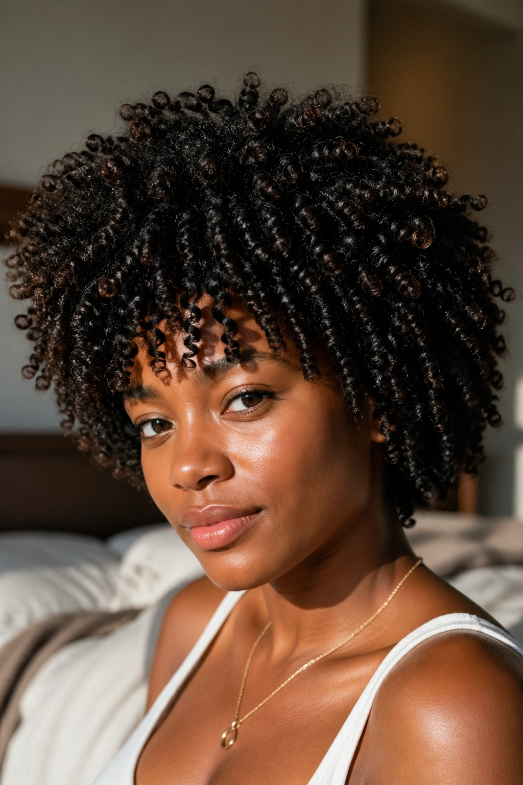 Close-up of real person with coil-out afro showing tight root coils and open ends