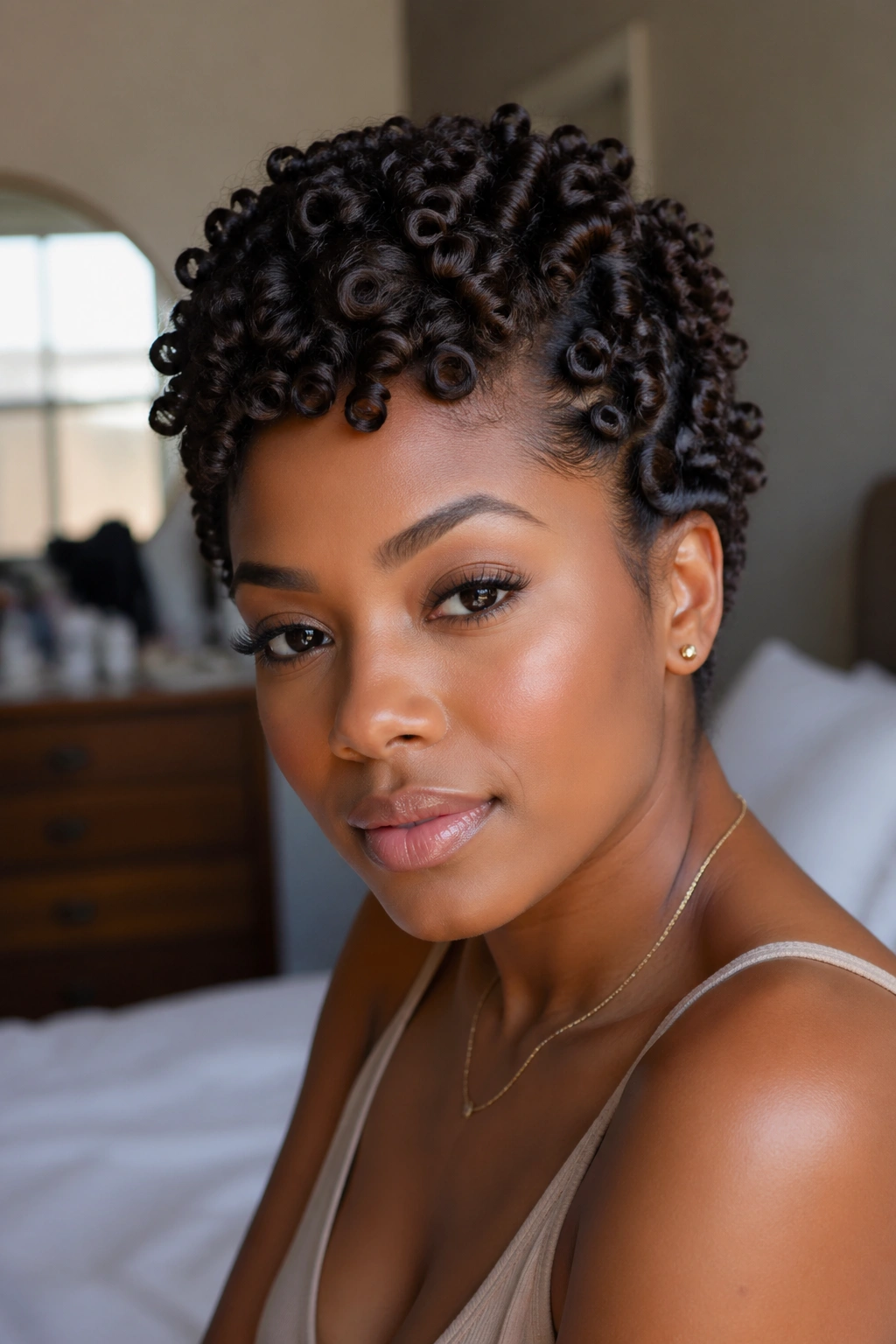 Close-up of a real woman with Coiled Pin-Up hairstyle featuring coils pinned up at the sides and crown in soft natural light