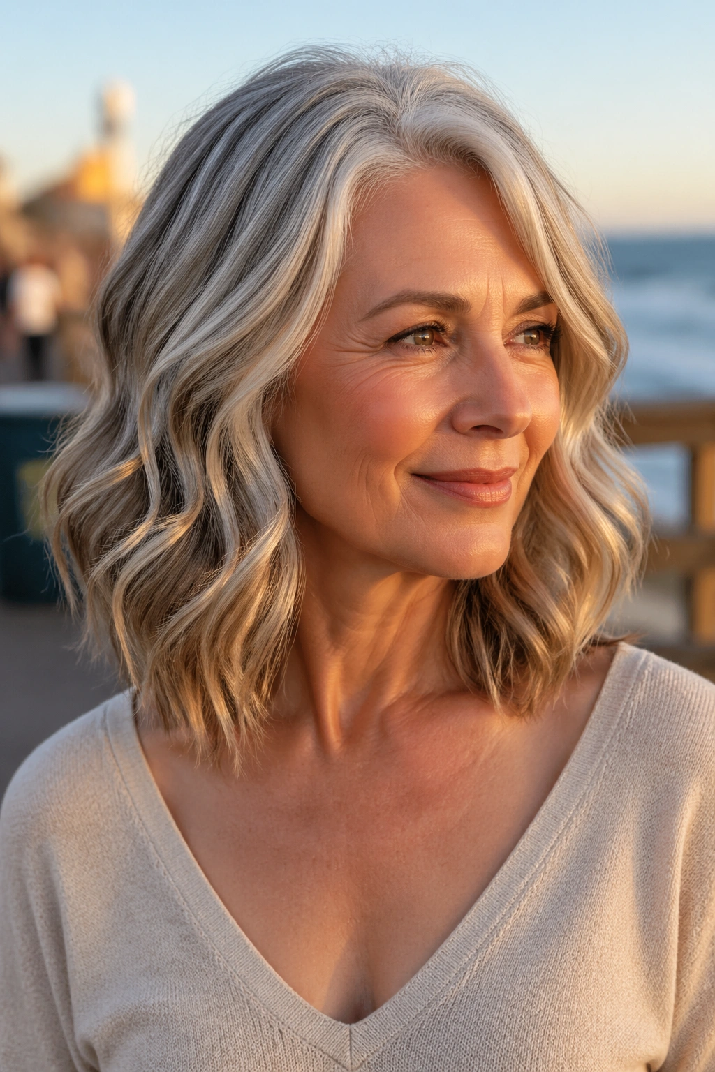 Close-up of a real woman with collarbone-length beachy waves on a beach boardwalk