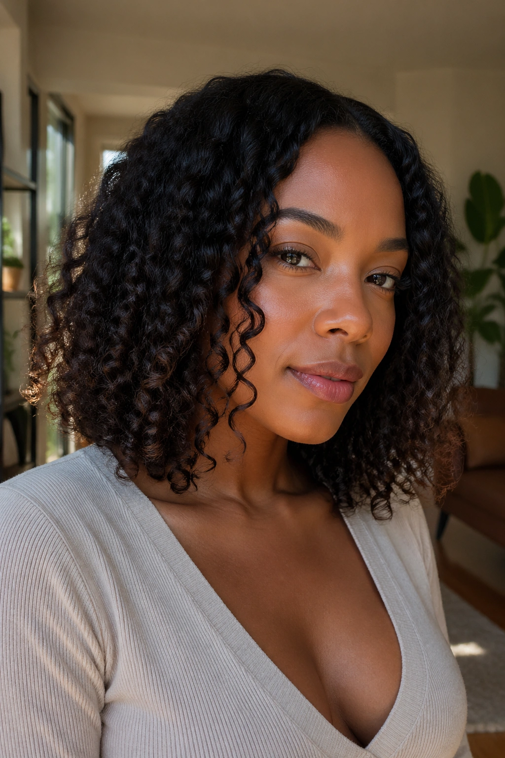 Medium close-up of a real woman with a collarbone-length curly bob in sunlight.