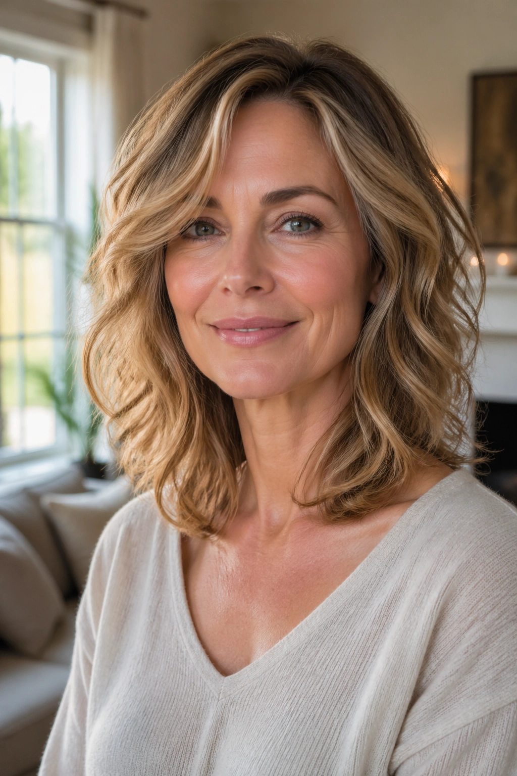Close-up portrait of a woman with soft collarbone-length wavy hair in warm window light