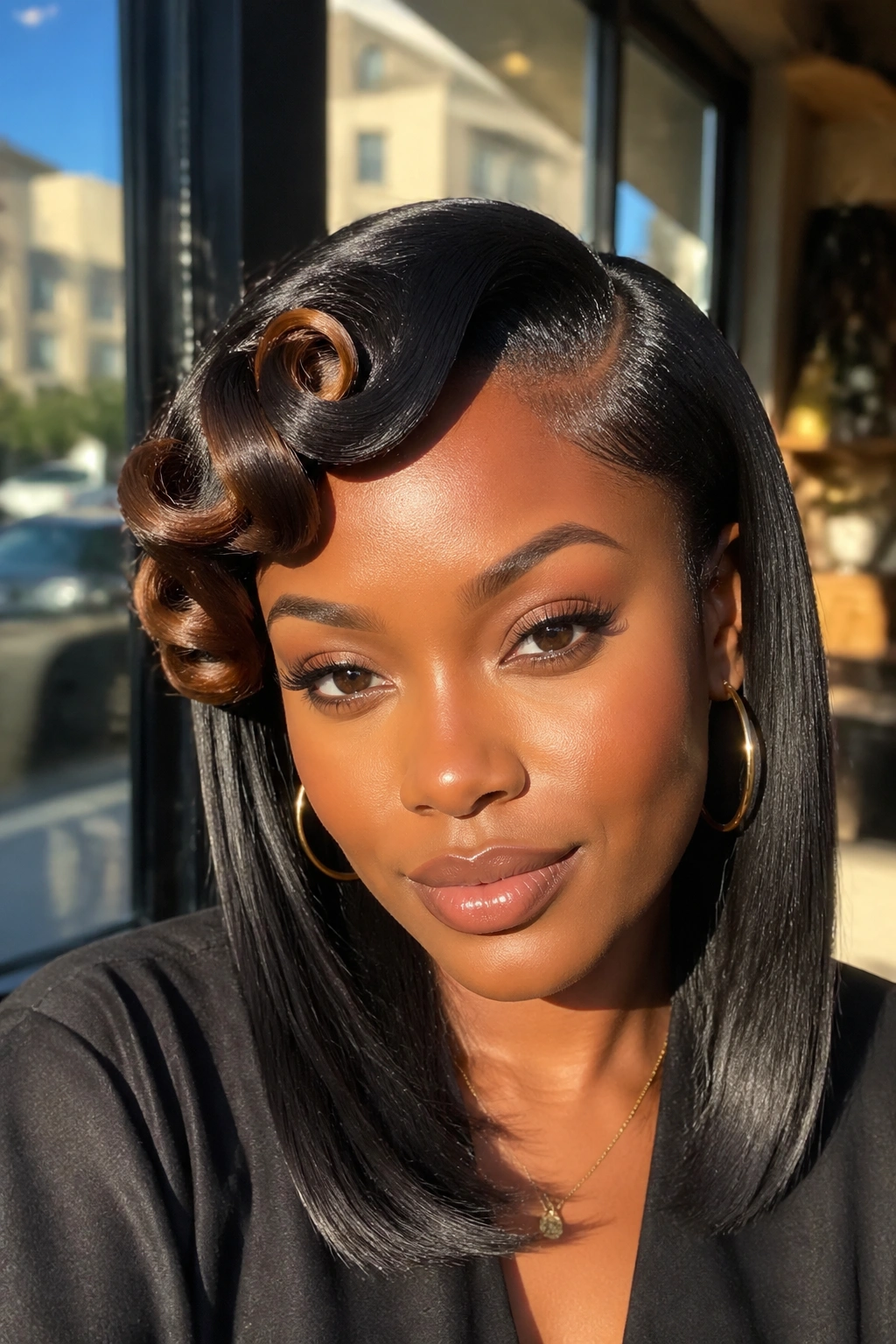 Real woman with color-highlighted pin curls against silk-pressed straight hair.