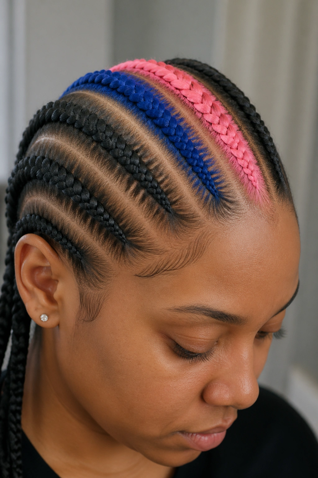 Cornrows with color block stripes in blue and pink on real person