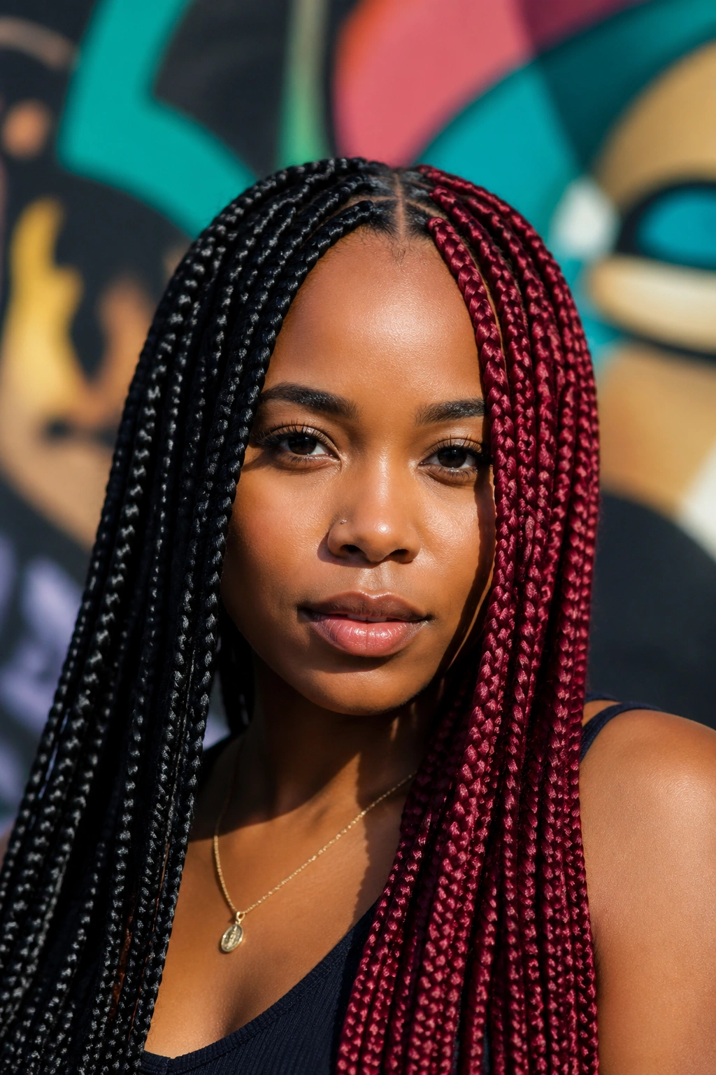 Color-blocked box braids with left-right colors on a real woman