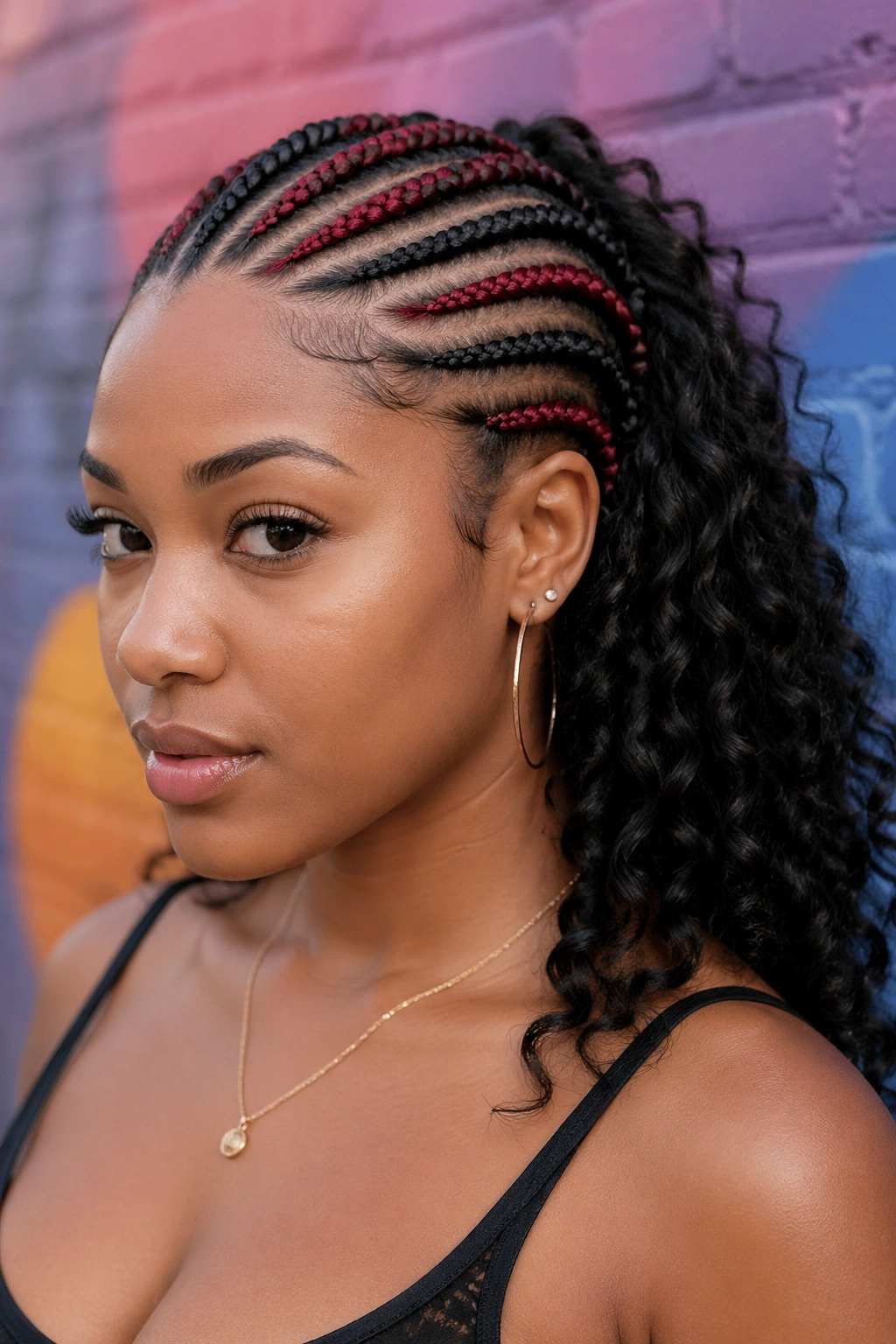 Portrait of a real woman with color-blocked cornrows front and curly back