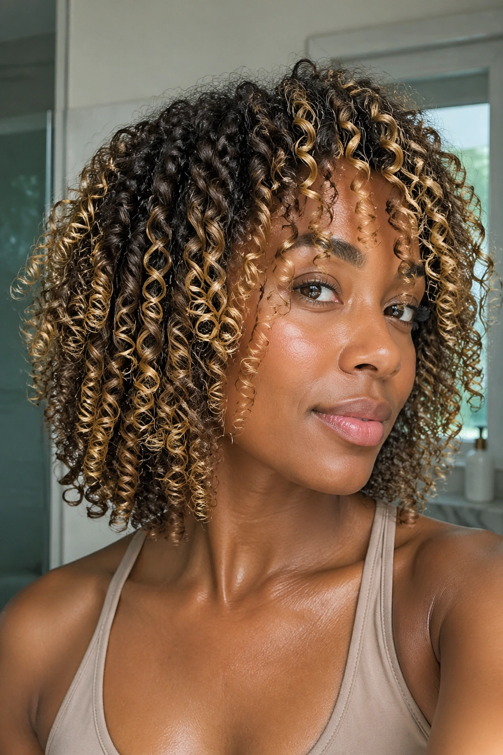 Close-up portrait of real person with glossy blonde-highlighted curls