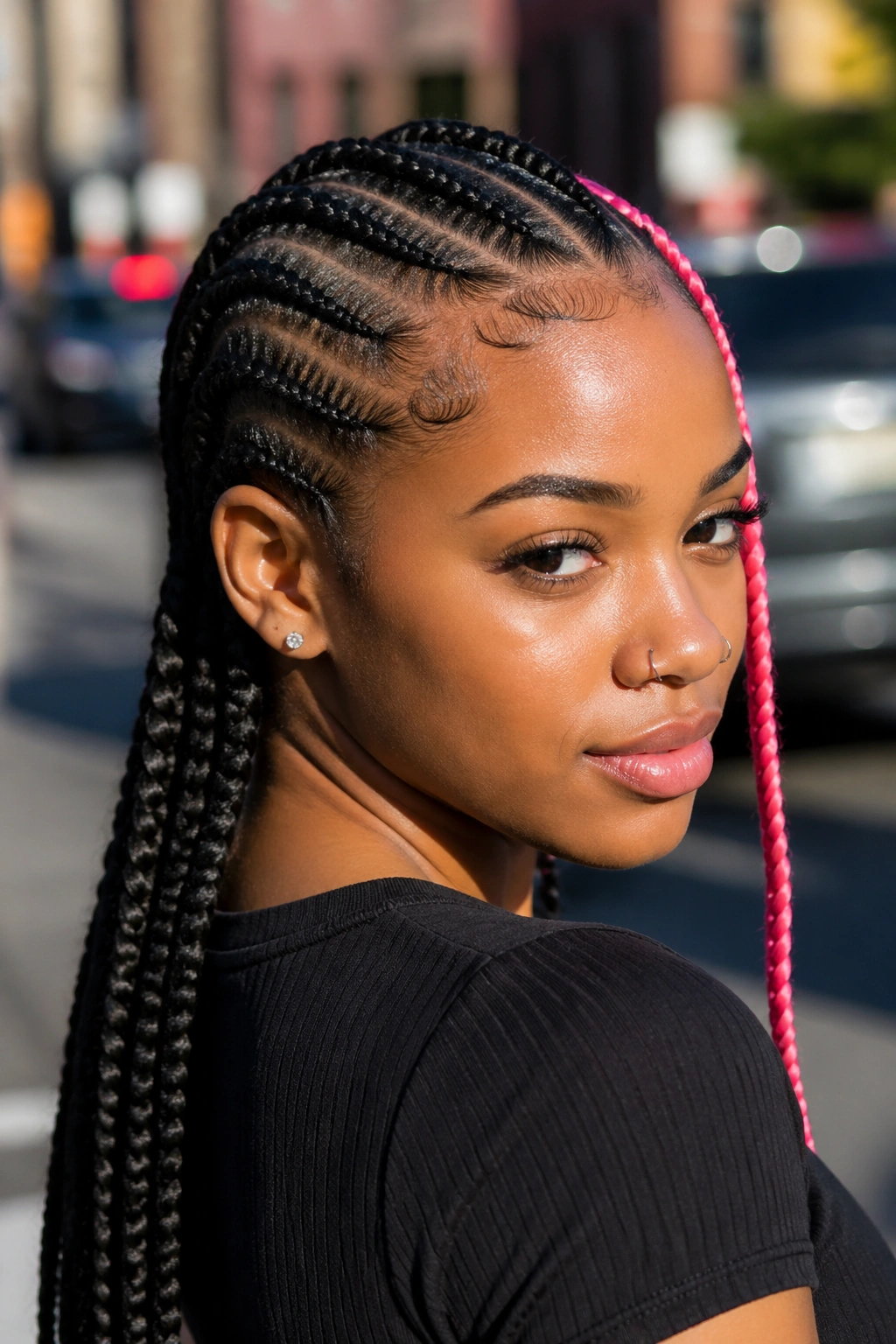 Portrait of a real person with one color braid among natural braids