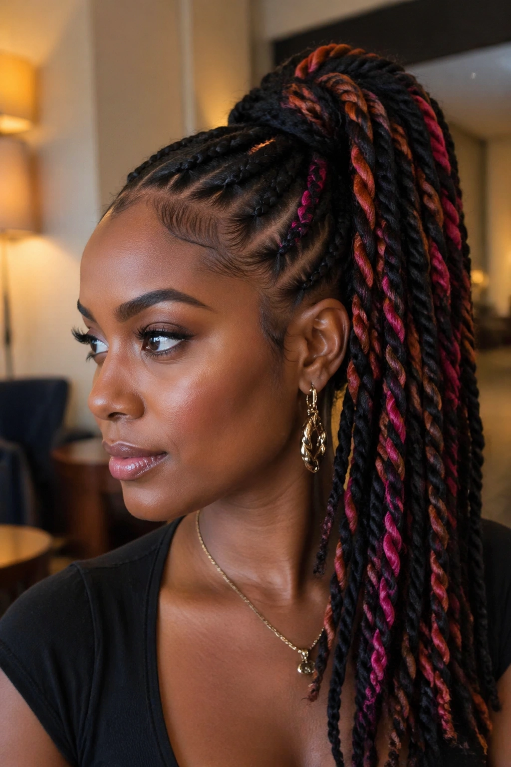 Close-up of a real woman's twist ponytail with colorful strands woven in