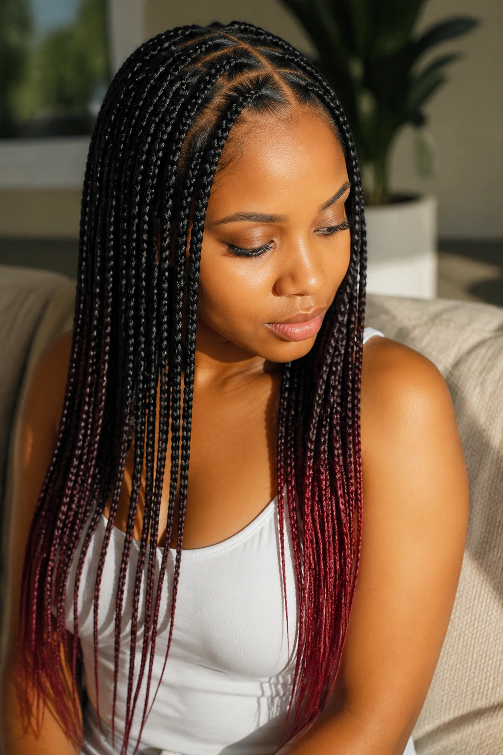 Real person with color-tipped small feed-in cornrows.