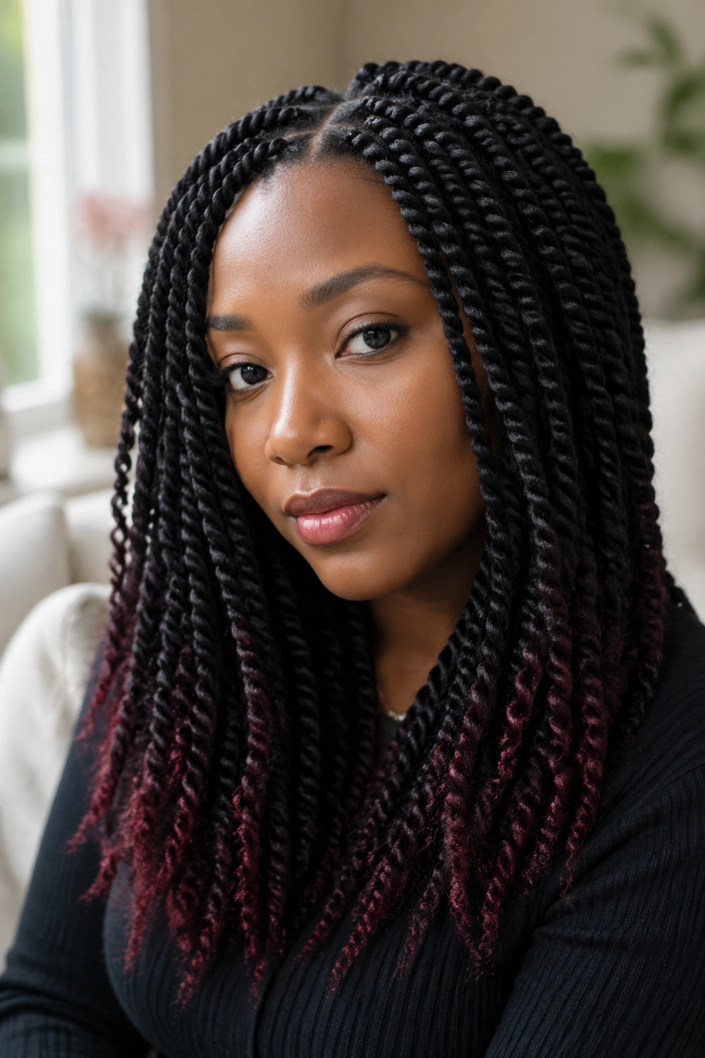 Close-up of a real woman with color-tipped Marley twists in a sunlit room