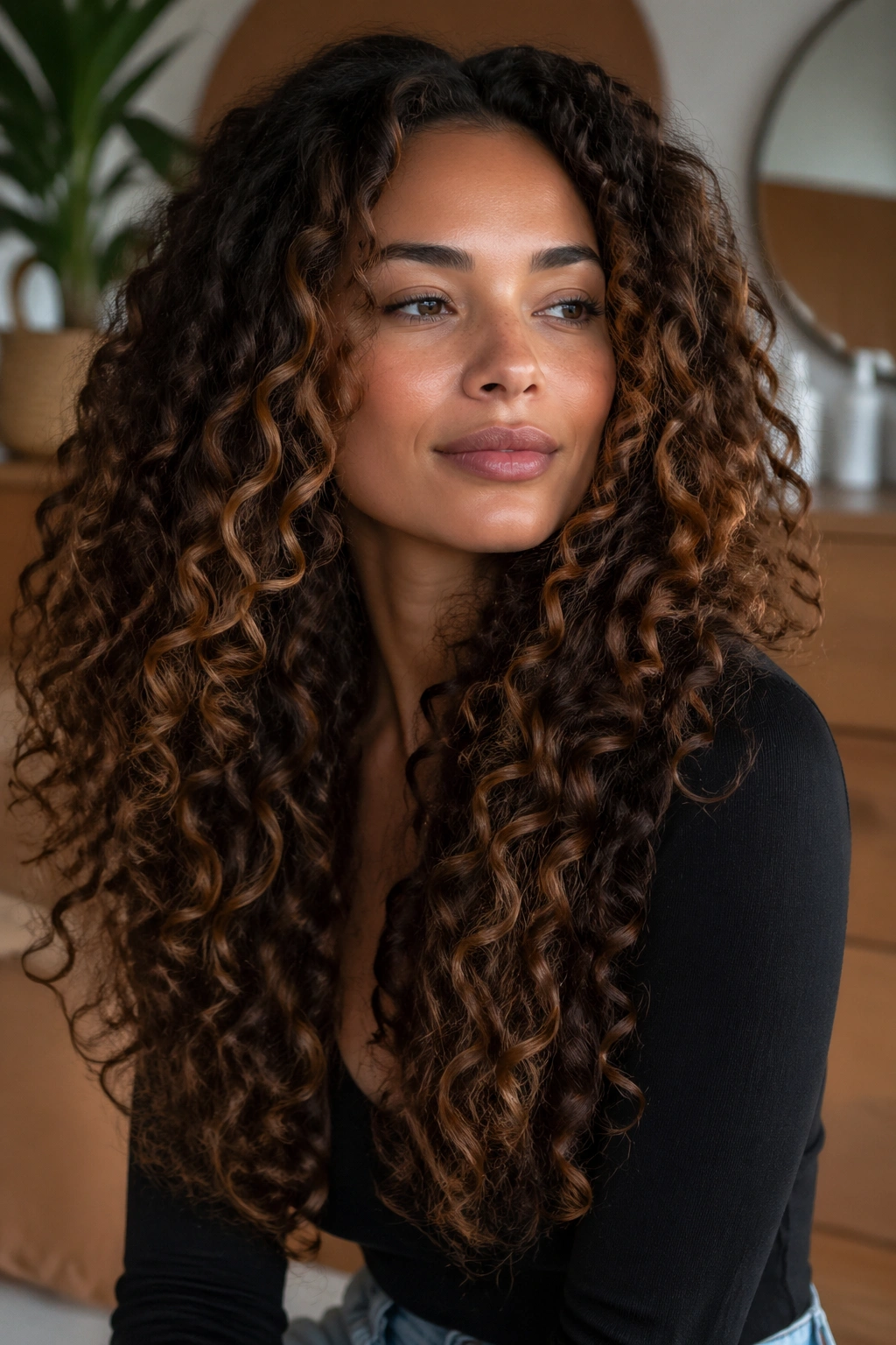 Close-up of a real woman with color-treated long curls and layered silhouette
