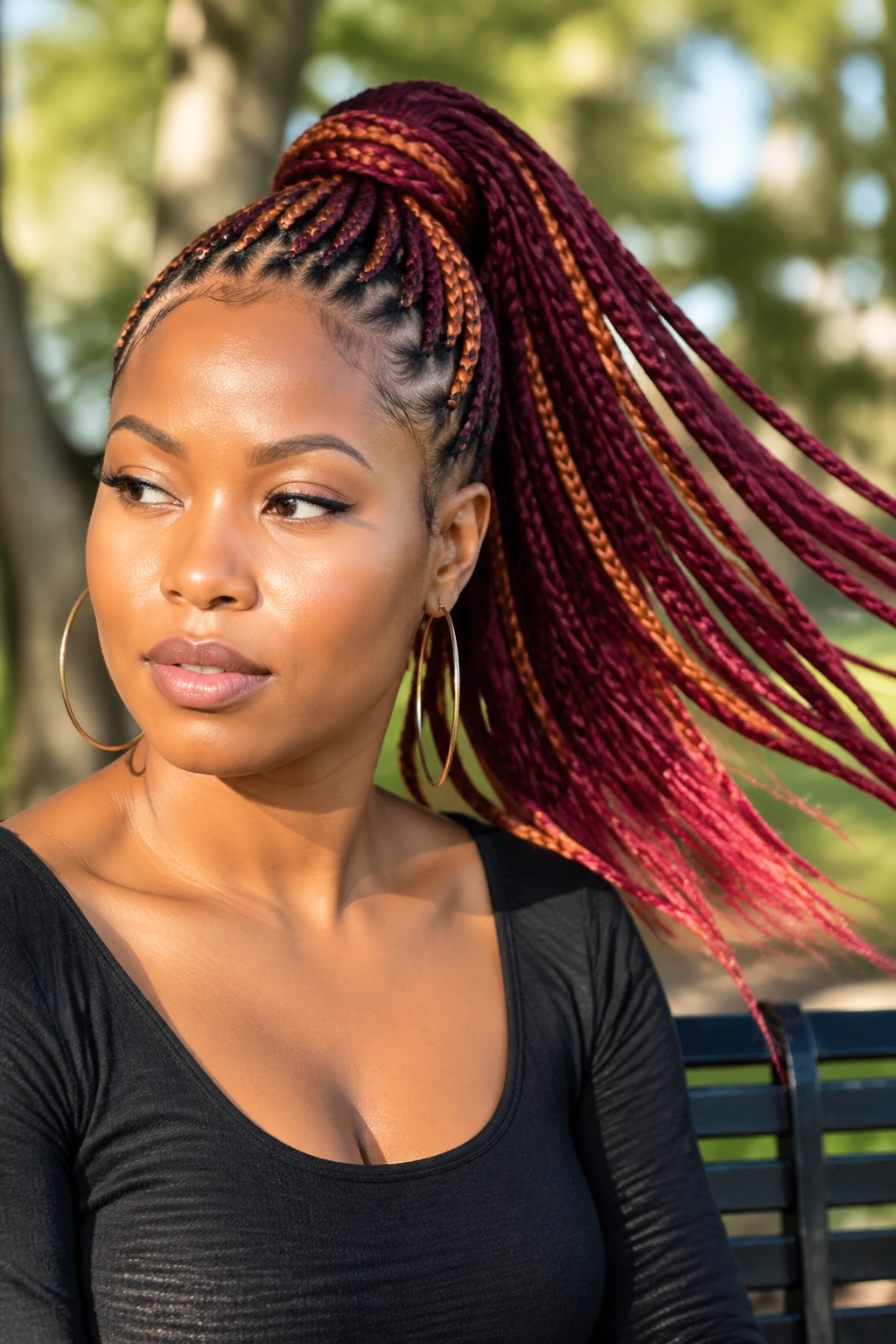 Real woman with colored extensions in a high ponytail.
