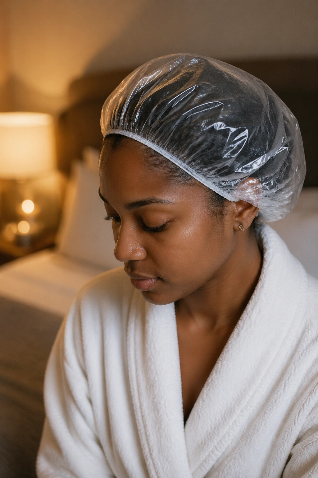 Real person wearing a plastic conditioning cap for night-before prep