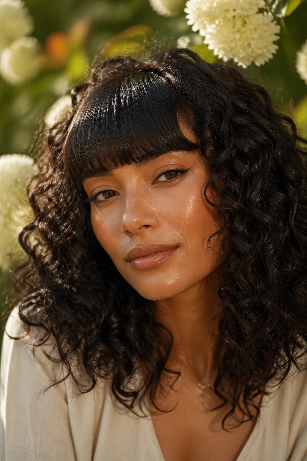 Close-up portrait of a woman with straight bangs and curly hair outdoors in morning light